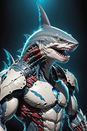 midshot, cel-shading style, centered image, ultra detailed illustration of the comic character ((Spawn , A cyborg (((Hammerhead shark))) combines raw natural power with advanced technology. This fearsome creature features a blend of organic scales and sleek metallic components. His limbs are reinforced with steel plating and hydraulic joints, enhancing its strength and agility. Cybernetic eyes glow with a menacing light, capable of night vision and advanced targeting. (((The Hammerhead  shark))) claws are replaced with razor-sharp. This fusion of beast and machine creates a formidable predator, both in the wild and in combat scenarios.,exosuit, by Todd McFarlane)), posing, with a skull emblem,   (((Full Body))), accent color, gray,white, black and blue, (tetradic colors), inkpunk, ink lines, strong outlines, art by MSchiffer, bold traces, unframed, high contrast, cel-shaded, vector, 4k resolution, best quality, (chromatic aberration:1.8)