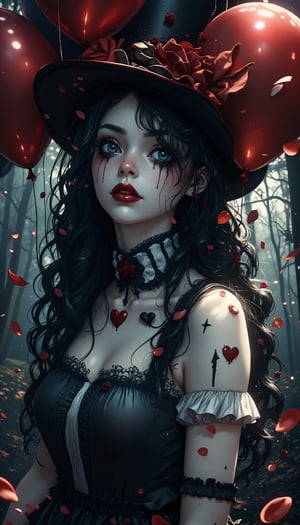 (masterpiece, high quality, 8K resolution). higly stylized and detailed close up anime portrait with mystic and horror embience. A hauntingly beautiful illustration unfolds:  A melancholic gothic clown girl wearing a striped black-and-white outfit, holding red and black balloons. Her long, wavy hair flows beneath a tilted top hat with matching black-and-white stripes. She has pale skin with dark makeup and a stitched smile painted across her face. A heart tattoo decorates her arm, adding a touch of fragile beauty. The background is a hazy, mist-filled forest with soft, glowing bokeh lights, creating an eerie yet enchanting atmosphere. Red petals drift in the air, enhancing the melancholic mood.