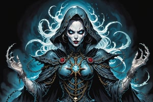 midshot, cel-shading style, centered image, ultra detailed illustration of the comic character ((female Spawn Victorian horror theme, a character of a spectral figure known as the "Haunted Harbinger", a ghostly apparition of a long-dead aristocrat, wears a tattered once-opulent suit adorned with decayed medals and frayed lace, translucent skin glows with an ethereal blue light,  eyes are empty sockets that emit a ghostly mist, chains hang from its wrists and ankles dragging along the ground with a haunting clatter, twisted face in eternal agony, carries a spectral lantern that casts an eerie flickering light by, Todd McFarlane)), posing,  with a skull emblem, ((holding a spear)), (((Full Body))),(((perfect hands))), (((accurate hands))), (((realistic hands))), (tetradic colors), inkpunk, ink lines, strong outlines, art by MSchiffer, bold traces, unframed, high contrast, cel-shaded, vector, 4k resolution, best quality, (chromatic aberration:1.8)