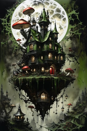 Ultra-wide-angle, photorealistic medieval gothic steam punk shot of an exciting Fusion (((A creepy house, spiderweb and a large mushrooms hanging over the house))) in a new character that embodies elements of both, (((spiderwebs))), silver mechanical gears in the background, people, see. Black and Olive green, light, green and red, ink Flow - 8k Resolution Photorealistic Masterpiece - by Aaron Horkey and Jeremy Mann - Intricately Detailed. fluid gouache painting: by Jean Baptiste Mongue: calligraphy: acrylic: colorful watercolor, cinematic lighting, maximalist photoillustration: by marton bobzert: 8k resolution concept art, intricately detailed realism, complex, elegant, expansive, fantastical and psychedelic, dripping paint , in the chasm of the empire estate, night, the moon, buildings, reflections, wings, and other elements need to stay in frame,(isolate object)