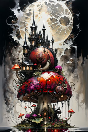 Ultra-wide-angle, photorealistic medieval gothic steam punk shot of an exciting fusion between Spawn and ((A snail on a mushroom)) in a new character that embodies elements of both, silver mechanical gears in the background, and (((large spiderwebs in the background))), people, see. Black and multi colored, ink Flow - 8k Resolution Photorealistic Masterpiece - by Aaron Horkey and Jeremy Mann - Intricately Detailed. fluid gouache painting: by Jean Baptiste Mongue: calligraphy: acrylic: colorful watercolor, cinematic lighting, maximalist photoillustration: by marton bobzert: 8k resolution concept art, intricately detailed realism, complex, elegant, expansive, fantastical and psychedelic, dripping paint , in the chasm of the empire estate, night, the moon, buildings, reflections, wings, and other elements need to stay in frame,(isolate object)