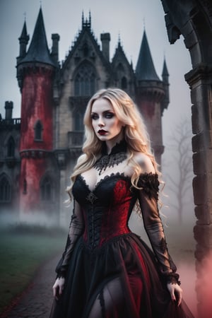 A hauntingly beautiful woman vampire standing in front of a weathered gothic Castle, shrouded in thick red -hued fog that morphs into an eerie aura. Her pale skin and blonde very, very long hair contrast against the dark Black lacie gothic dress,  with filigree and Zentangle patterns, punctuated by dripping oil textures. Her closed hands cradle her curvy figure, emphasizing her  muscular physique, The dramatic lighting creates stark catchlights and shadows, highlighting her haunting beauty amidst a desolate gothic Castle backdrop bathed in red hues.