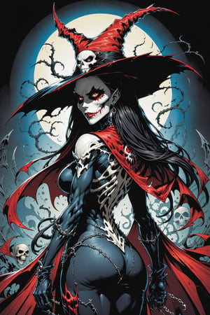 midshot, cel-shading style, centered image, ultra detailed illustration of the comic character ((female Spawn Which by Todd McFarlane)), posing, Black, dress with a skull emblem, ((wearing a large rimmed Single pointed hat)), ((View from Behind she's looking over her shoulder)), ((Full Body)), ((View from behind)), (tetradic colors), inkpunk, ink lines, strong outlines, art by MSchiffer, bold traces, unframed, high contrast, cel-shaded, vector, 4k resolution, best quality, (chromatic aberration:1.8)