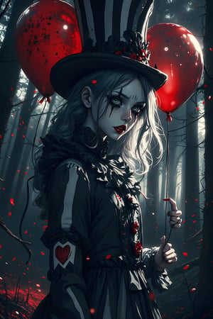 (masterpiece, high quality, 8K resolution). higly stylized and detailed close up anime portrait with mystic and horror embience. A hauntingly beautiful illustration unfolds:  A melancholic gothic clown girl wearing a striped black-and-white outfit, holding red and black balloons. Her long, wavy hair flows beneath a tilted top hat with matching black-and-white stripes. She has pale skin with dark makeup and a stitched smile painted across her face. A heart tattoo decorates her arm, adding a touch of fragile beauty. The background is a hazy, mist-filled forest with soft, glowing bokeh lights, creating an eerie yet enchanting atmosphere. Red petals drift in the air, enhancing the melancholic mood.