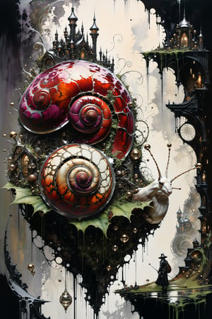 Ultra-wide-angle, photorealistic medieval gothic steam punk shot of an exciting fusion between Spawn and ((A snail on a mushroom)) in a new character that embodies elements of both, silver mechanical gears in the background, and (((large spiderwebs in the background))), people, see. Black and multi colored, ink Flow - 8k Resolution Photorealistic Masterpiece - by Aaron Horkey and Jeremy Mann - Intricately Detailed. fluid gouache painting: by Jean Baptiste Mongue: calligraphy: acrylic: colorful watercolor, cinematic lighting, maximalist photoillustration: by marton bobzert: 8k resolution concept art, intricately detailed realism, complex, elegant, expansive, fantastical and psychedelic, dripping paint , in the chasm of the empire estate, night, the moon, buildings, reflections, wings, and other elements need to stay in frame,(isolate object)