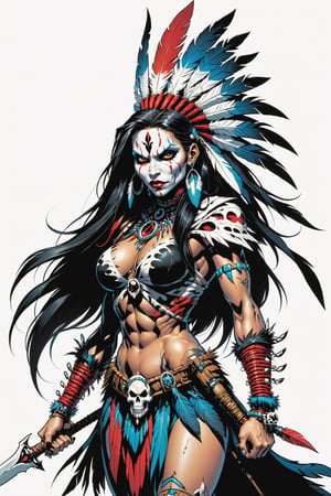 midshot, cel-shading style, centered image, ultra detailed illustration of the comic character ((female Spawn American Indian, by Todd McFarlane)), posing,  he has black  in traditional Indian attire with a skull emblem, ((holding a spear)), (((Full Body))), (tetradic colors), inkpunk, ink lines, strong outlines, art by MSchiffer, bold traces, unframed, high contrast, cel-shaded, vector, 4k resolution, best quality, (chromatic aberration:1.8)