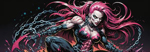 midshot, cel-shading style, centered image, ultra detailed illustration of the comic character ((female Spawn warrior woman, by Todd McFarlane)), posing, extremely muscular overly muscular large breast extremely extremely muscular, black, neon pink, suit with a belt with a skull on it, long pale pink hair in a tall, single ponytail, (((crouching down on the ground action pose))),  ((Full Body)),((holding chains in her hand)), splatters of paint in the background glowing neon, perfect hands, (tetradic colors), inkpunk, ink lines, strong outlines, art by MSchiffer, bold traces, unframed, high contrast, cel-shaded, vector, 4k resolution, best quality, (chromatic aberration:1.8)