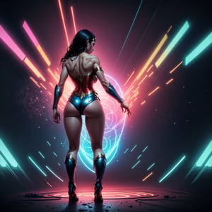 Wonder Woman (big tits),(( view from behind)), ((full body)),masterpiece, best quality, ((abstract, psychedelic, neon, background)),(creative:1.3), sy3, SMM, fantasy00d