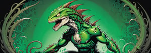 midshot, cel-shading style, centered image, ultra detailed illustration of the comic character ((lizard Spawn by Todd McFarlane)), posing, green, light green, brown, and black body suit with a skull emblem, ((Full Body)) ,ornate background, (tetradic colors), inkpunk, ink lines, strong outlines, art by MSchiffer, bold traces, unframed, high contrast, cel-shaded, vector, 4k resolution, best quality, (chromatic aberration:1.8)