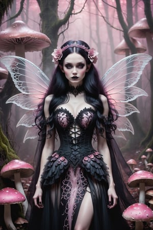 A hauntingly beautiful woman (((gothic fairy with Beautiful, detailed wings))) wearing Lacie victorian clothing (((standing beside giant mushrooms))), shrouded in thick pink-hued fog that morphs into an eerie aura. Her pale skin and  very, very long hair contrast against the dark Gothic dress,  with filigree and Zentangle patterns, punctuated by dripping oil textures. Her closed hands cradle her muscular figure, emphasizing her muscular physique, The dramatic lighting creates stark catchlights and shadows, highlighting her haunting beauty amidst A forest with mushrooms everywhere backdrop bathed in pink hues.