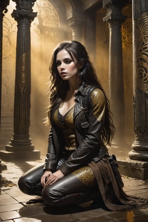 A hauntingly beautiful woman kneeling down on the ground with a backpack in front of her a pillar in a weathered creepy temple, shrouded in thick Golden-hued fog that morphs into an eerie aura. Her pale skin and Black very, very long hair contrast against the dark Brown leather pants, button down shirt,  Brown leather jacket with filigree and Zentangle patterns, punctuated by dripping oil textures. Her closed hands cradle her muscular figure, emphasizing her very muscular figure. The dramatic lighting creates stark catchlights and shadows, highlighting her haunting beauty amidst a desolate creepy temple backdrop bathed in Golden hues.