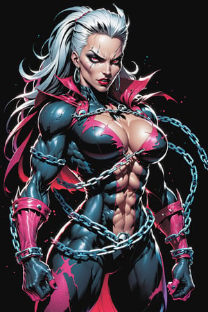 midshot, cel-shading style, centered image, ultra detailed illustration of the comic character ((female Spawn warrior woman, by Todd McFarlane)), posing, extremely muscular overly muscular large breast extremely extremely muscular, black, neon pink, suit with a belt with a skull on it, long White hair in a tall, single ponytail, (((crouching down on the ground action pose))),  ((Full Body)),((holding chains in her hand)), splatters of paint in the background glowing neon, perfect hands, (tetradic colors), inkpunk, ink lines, strong outlines, art by Frank Cho, bold traces, unframed, high contrast, cel-shaded, vector, 4k resolution, best quality, (chromatic aberration:1.8)