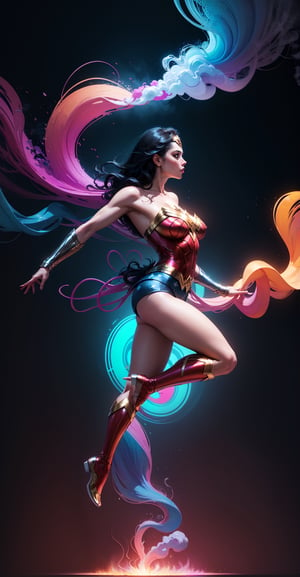 Wonder Woman (big tits),(( side view,)),((full body)),((floating in air)),masterpiece, best quality, ((abstract, psychedelic, neon, smoke, background)),(creative:1.3), sy3, SMM, fantasy00d