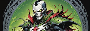 midshot, cel-shading style, centered image, ultra detailed illustration of the comic character ((Spawn  marge Mechanoid robot by Todd McFarlane)), posing, Olive Green gray and black suit with a skull emblem, ((Half Body)), ornate background, (tetradic colors), inkpunk, ink lines, strong outlines, art by MSchiffer, bold traces, unframed, high contrast, cel-shaded, vector, 4k resolution, best quality, (chromatic aberration:1.8)