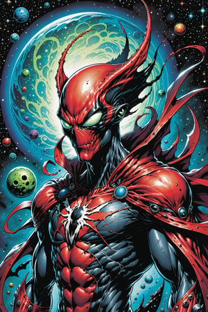 midshot, cel-shading style, centered image, ultra detailed illustration of the comic character ((male Spawn Space Alien, by Todd McFarlane)), posing, ((Half Body)), planets in the background, (tetradic colors), inkpunk, ink lines, strong outlines, art by MSchiffer, bold traces, unframed, high contrast, cel-shaded, vector, 4k resolution, best quality, (chromatic aberration:1.8)