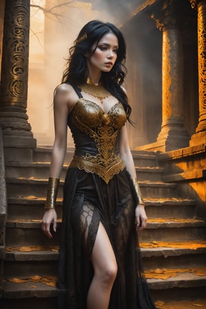 Hauntingly beautiful woman posed on weathered temple steps, shrouded in thick golden fog that morphs into eerie aura. Softly lit by warm orange-golden tones, her pale skin and black hair contrast against dark brown leather attire, complete with intricate filigree patterns. Dripping oil textures add a sense of decay to the scene. Her closed hands cradle her muscular figure, emphasizing its definition. The dramatic lighting casts stark catchlights and shadows, highlighting her haunting beauty amidst the desolate temple backdrop.