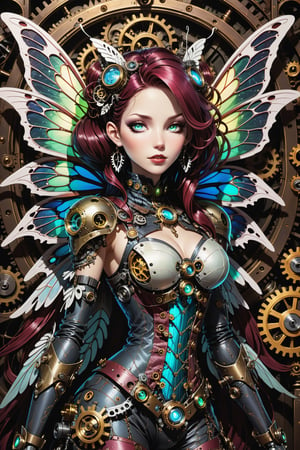 midshot, cel-shading style, centered image, ultra detailed illustration of the comic character ((Spawn 
In the dimly lit, ornate chamber of a mystical steampunk realm, a faerie girl with delicate features and iridescent butterfly wings sprawls amidst a tapestry of gears and cogs. A robot cat, its mechanical limbs splayed in relaxation, rests beside her as candlelight dances across their faces. The soft glow casts a warm ambiance, rendering the intricate details of the steampunk contraptions and the faerie's ethereal wings in exquisite 8K HDR resolution, with an impressive bokeh effect blurring the background, by Todd McFarlane)), posing, ((Full Body)), ((perfect hands)), ((neon glow in the background)), (tetradic colors), inkpunk, ink lines, strong outlines, art by MSchiffer, bold traces, unframed, high contrast, cel-shaded, vector, 4k resolution, 