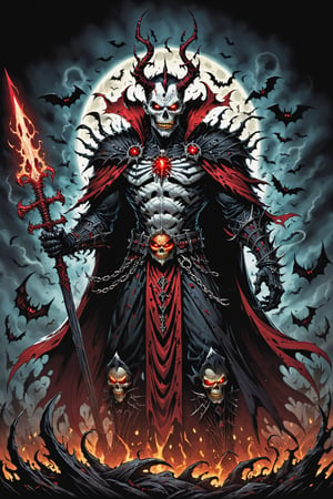 midshot, cel-shading style, centered image, ultra detailed illustration of the comic character (( Spawn   Halloween-style fantasy world image featuring a terrifying undead king with a skull face and glowing red eyes. Envision the king adorned in torn black and red dark clothes, wielding a deadly, sinister spiky weapon. Specify a dark fantasy-style atmosphere with chilling details, capturing the sinister essence of this undead monarch. Request a visually striking composition that blends the elements of horror and fantasy, creating a haunting masterpiece perfect for the Halloween theme by, Todd McFarlane)), posing,  he has black  in traditional Indian attire with a skull emblem, ((holding a A spear)),  (((Full Body))), (((perfect hands))),(((realistic hands))),(((accurate hands))), (tetradic colors), inkpunk, ink lines, strong outlines, art by MSchiffer, bold traces, unframed, high contrast, cel-shaded, vector, 4k resolution, best quality, (chromatic aberration:1.8)