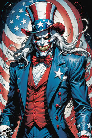 midshot, cel-shading style, centered image, ultra detailed illustration of the comic character ((Spawn Uncle Sam, by Todd McFarlane)), posing, Long white hair, Red white and blue, suit with a skull emblem,  ((Full Body)), (tetradic colors), inkpunk, ink lines, strong outlines, art by MSchiffer, bold traces, unframed, high contrast, cel-shaded, vector, 4k resolution, best quality, (chromatic aberration:1.8)
