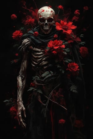 abstract art, a death reaper stand with many of darkness red flower, poster style, cinematic mood, low key style, black background, the art so complex with grunge stroke,cinematicxhan,grungeartxhan83,hanxdeadcyborg83