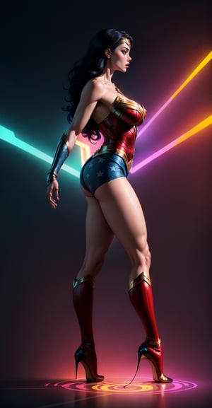 Wonder Woman (big tits),(( side view,)), ((full body)),masterpiece, best quality, ((abstract, psychedelic, neon, background)),(creative:1.3), sy3, SMM, fantasy00d