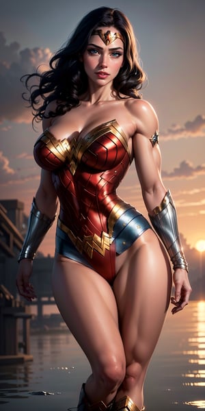 1woman, Wonder Woman, (((floating in the air))),(((flying in the air))), (((flying))),((full body)), ((sunset behind her)),(intricate details, makeup), (delicate and beautiful delicate face, delicate and beautiful delicate eyes, perfectly proportioned face), delicate skin, strong and realistic blue eyes, realistic black hair, lips, makeup, natural skin texture, tiara, jewelry, (star), \(symbol\),(((leotard))), (((wonder woman uniform))), gauntlet, red boots, golden girdle, (public clothing: 1.5), bare shoulders, slightly sunburned complexion, mature, sexy, toned muscles, (muscles:1.2), (((her body floating in the sky))), (((flying through the clouds))),((strong and healthy body)), ((((more muscles))), long legs, curves, (big breasts: 1.3), thin waist, soft waist, (delicate skin), (beautiful and sexy woman), (swollen lips: 0.9), very delicate muscles, standing,(realistic: 1.5), photorealistic, octane rendering, hyperrealistic, tight modeling, (photorealistic face: 1.2), thick eyelashes, long eyelashes, (curly dark hair: 1.1), best quality, half smile, (looking at the viewer), sharp focus, (4k), (masterpiece), (best quality), fantasy, extremely detailed, intricate, hyper detailed, (perfect face), illustration, soft lighting,(specular lighting:1.4), blue eyes, absurdly photorealistic, ultra high resolution, intricate, hyperdetailed, (skindentation), female, detailed body, (detailed face: 1.1), (outlined iris), (hydrocolor lenses), (perfect eyes), 4k, gorgeous, (masterpiece: 1.2), (best quality:1.2),