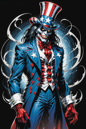 midshot, cel-shading style, centered image, ultra detailed illustration of the comic character ((Spawn Uncle Sam, by Todd McFarlane)), posing, long black long hair, Red white and blue, suit with a skull emblem,  ((Full Body)), (tetradic colors), inkpunk, ink lines, strong outlines, art by MSchiffer, bold traces, unframed, high contrast, cel-shaded, vector, 4k resolution, best quality, (chromatic aberration:1.8)