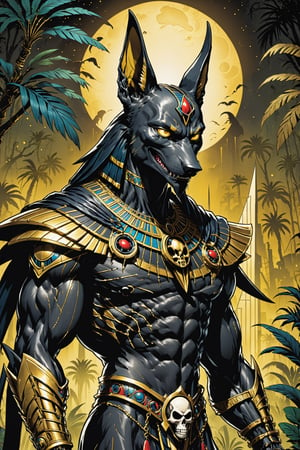 midshot, cel-shading style, centered image, ultra detailed illustration of the comic character ((Spawn     Egyptian Anubis by Todd McFarlane)), posing, gold rust, and black suit with a skull emblem, ((creepy jungle at night in the background)), ((full Body)), perfect hands, ornate background, perfect hands, (tetradic colors), inkpunk, ink lines, strong outlines, art by MSchiffer, bold traces, unframed, high contrast, cel-shaded, vector, 4k resolution, best quality, (chromatic aberration:1.8)