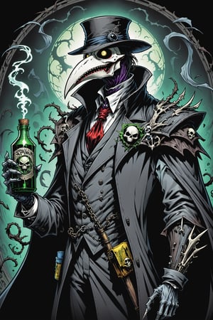 midshot, cel-shading style, centered image, ultra detailed illustration of the comic character ((Spawn  Plague Doctor by Todd McFarlane)), posing, gray and black suit with a skull emblem, ((holding bottle of poison)), ((Half Body)), ornate background, perfect hands, (tetradic colors), inkpunk, ink lines, strong outlines, art by MSchiffer, bold traces, unframed, high contrast, cel-shaded, vector, 4k resolution, best quality, (chromatic aberration:1.8)