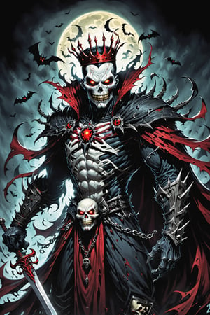 midshot, cel-shading style, centered image, ultra detailed illustration of the comic character (( Spawn   Halloween-style fantasy world image featuring a terrifying undead king with a skull face and glowing red eyes. Envision the king adorned in torn black and red dark clothes, wielding a deadly, sinister spiky weapon. Specify a dark fantasy-style atmosphere with chilling details, capturing the sinister essence of this undead monarch. Request a visually striking composition that blends the elements of horror and fantasy, creating a haunting masterpiece perfect for the Halloween theme by, Todd McFarlane)), posing,  he has black  in traditional Indian attire with a skull emblem, ((holding a A spear)),  (((Full Body))), (((perfect hands))),(((realistic hands))),(((accurate hands))), (tetradic colors), inkpunk, ink lines, strong outlines, art by MSchiffer, bold traces, unframed, high contrast, cel-shaded, vector, 4k resolution, best quality, (chromatic aberration:1.8)