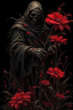 abstract art, a death reaper stand with many of darkness red flower, poster style, cinematic mood, low key style, black background, the art so complex with grunge stroke,cinematicxhan,grungeartxhan83,hanxdeadcyborg83