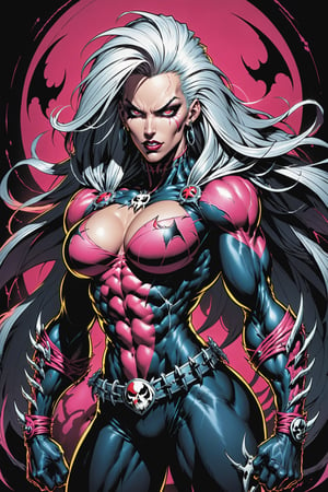 midshot, cel-shading style, centered image, ultra detailed illustration of the comic character ((female Spawn warrior woman, by Todd McFarlane)), posing, extremely muscular overly muscular large breast extremely extremely muscular, black, neon pink, suit with a belt with a skull on it, long white hair in a tall, single ponytail, ((Full Body)), perfect hands, (tetradic colors), inkpunk, ink lines, strong outlines, art by MSchiffer, bold traces, unframed, high contrast, cel-shaded, vector, 4k resolution, best quality, (chromatic aberration:1.8)