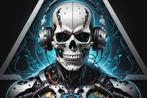 

A mesmerizing, ultra-detailed illustration  in a It's just three skulls characters cyborg skull robot portrait inside a triangle, they mixing, like tekno tribe visual free party with speaker and sub bass around him, audio speaker sono Inside and Intricate cable and electronic device in vector illustration design, black and withe, no grey level, illustration with black background no gradient, logo style, for printing ready, in a powerful pose, High-key lighting illuminates the scene, showcasing the perfect anatomy, Strong outlines and bold traces define the cel-shaded, vector illustration, rendered in 4K resolution. The overall atmosphere is unsettling yet motivational, evoking the styles of Glenn Brown, Carne Griffiths, Alex Ross, Artgerm, James Jean Bangs, and Todd McFarlane.