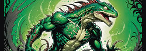 midshot, cel-shading style, centered image, ultra detailed illustration of the comic character ((lizard Spawn by Todd McFarlane)), posing, green, light green, brown, and black body suit with a skull emblem, ((Full Body)) ,ornate background, (tetradic colors), inkpunk, ink lines, strong outlines, art by MSchiffer, bold traces, unframed, high contrast, cel-shaded, vector, 4k resolution, best quality, (chromatic aberration:1.8)