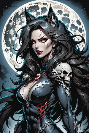 midshot, cel-shading style, centered image, ultra detailed illustration of the comic character ((female Spawn Wolf lady, by Todd McFarlane)), posing, long black long hair, Gray brown, and black suit with a skull emblem, ((view from Behind she’s looking over her shoulder)), ((Full Body)), ((perfect hands)), the moon in the background, (tetradic colors), inkpunk, ink lines, strong outlines, art by MSchiffer, bold traces, unframed, high contrast, cel-shaded, vector, 4k resolution, best quality, (chromatic aberration:1.8)