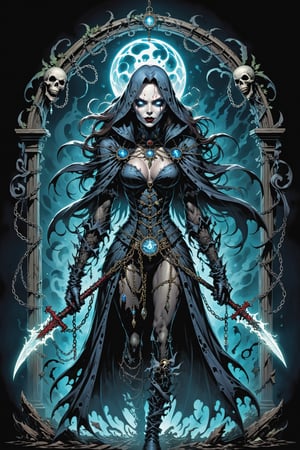 midshot, cel-shading style, centered image, ultra detailed illustration of the comic character ((female Spawn Victorian horror theme, a character of a spectral figure known as the "Haunted Harbinger", a ghostly apparition of a long-dead aristocrat, wears a tattered once-opulent suit adorned with decayed medals and frayed lace, translucent skin glows with an ethereal blue light,  eyes are empty sockets that emit a ghostly mist, chains hang from its wrists and ankles dragging along the ground with a haunting clatter, twisted face in eternal agony, carries a spectral lantern that casts an eerie flickering light by, Todd McFarlane)), posing,  with a skull emblem, ((holding a spear)), (((Full Body))), (tetradic colors), inkpunk, ink lines, strong outlines, art by MSchiffer, bold traces, unframed, high contrast, cel-shaded, vector, 4k resolution, best quality, (chromatic aberration:1.8)