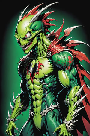 midshot, cel-shading style, centered image, ultra detailed illustration of the comic character ((Spawn lizard, by Todd McFarlane)), posing, green, light green, brown, and black body suit with a skull emblem, ((Full Body)) ,ornate background, (tetradic colors), inkpunk, ink lines, strong outlines, art by MSchiffer, bold traces, unframed, high contrast, cel-shaded, vector, 4k resolution, best quality, (chromatic aberration:1.8)