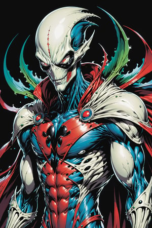 midshot, cel-shading style, centered image, ultra detailed illustration of the comic character ((male Spawn Space Alien, by Todd McFarlane)), posing, ((Half Body)), (tetradic colors), inkpunk, ink lines, strong outlines, art by MSchiffer, bold traces, unframed, high contrast, cel-shaded, vector, 4k resolution, best quality, (chromatic aberration:1.8)