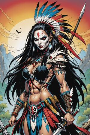 midshot, cel-shading style, centered image, ultra detailed illustration of the comic character ((female Spawn American Indian, by Todd McFarlane)), posing,  he has black  in traditional Indian attire with a skull emblem, ((holding a spear)), Indian Village in the background)),  (((Full Body))), (tetradic colors), inkpunk, ink lines, strong outlines, art by MSchiffer, bold traces, unframed, high contrast, cel-shaded, vector, 4k resolution, best quality, (chromatic aberration:1.8)