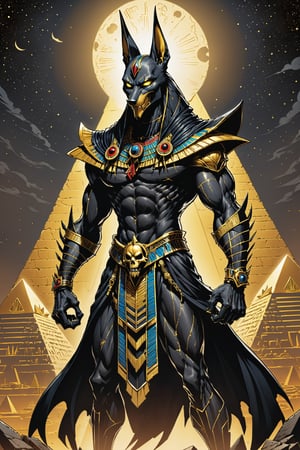 midshot, cel-shading style, centered image, ultra detailed illustration of the comic character ((Spawn     Egyptian Anubis by Todd McFarlane)), posing, gold rust, and black suit with a skull emblem, ((creepy pyramids in the background at night )), ((Full Body)), perfect hands, ornate background, perfect hands, (tetradic colors), inkpunk, ink lines, strong outlines, art by MSchiffer, bold traces, unframed, high contrast, cel-shaded, vector, 4k resolution, best quality, (chromatic aberration:1.8)