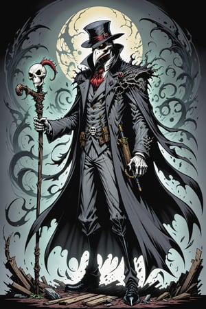 midshot, cel-shading style, centered image, ultra detailed illustration of the comic character ((Spawn  Plague Doctor by Todd McFarlane)), posing, gray and black suit with a skull emblem, ((holding a cane)), ((Half Body)), ornate background, (tetradic colors), inkpunk, ink lines, strong outlines, art by MSchiffer, bold traces, unframed, high contrast, cel-shaded, vector, 4k resolution, best quality, (chromatic aberration:1.8)