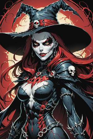 midshot, cel-shading style, centered image, ultra detailed illustration of the comic character ((female Spawn Which by Todd McFarlane)), posing, Black, dress with a skull emblem, ((wearing a large rimmed Single pointed hat)),   ((Full Body)), (tetradic colors), inkpunk, ink lines, strong outlines, art by MSchiffer, bold traces, unframed, high contrast, cel-shaded, vector, 4k resolution, best quality, (chromatic aberration:1.8)