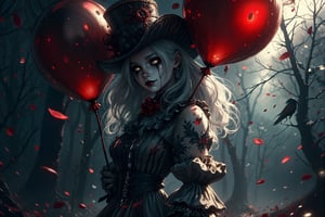 (masterpiece, high quality, 8K resolution). higly stylized and detailed close up anime portrait with mystic and horror embience. A hauntingly beautiful illustration unfolds:  A melancholic gothic clown girl wearing a striped black-and-white outfit, holding red and black balloons. Her long, wavy hair flows beneath a tilted top hat with matching black-and-white stripes. She has pale skin with dark makeup and a stitched smile painted across her face. A heart tattoo decorates her arm, adding a touch of fragile beauty. The background is a hazy, mist-filled forest with soft, glowing bokeh lights, creating an eerie yet enchanting atmosphere. Red petals drift in the air, enhancing the melancholic mood.