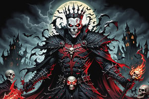 midshot, cel-shading style, centered image, ultra detailed illustration of the comic character (( Spawn   Halloween-style fantasy world image featuring a terrifying undead king with a skull face and glowing red eyes. Envision the king adorned in torn black and red dark clothes, wielding a deadly, sinister spiky weapon. Specify a dark fantasy-style atmosphere with chilling details, capturing the sinister essence of this undead monarch. Request a visually striking composition that blends the elements of horror and fantasy, creating a haunting masterpiece perfect for the Halloween theme by, Todd McFarlane)), posing,  he has black  in traditional Indian attire with a skull emblem, ((holding a A spear)),  (((Full Body))), (((perfect hands))),(((realistic hands))),(((accurate hands))), (tetradic colors), inkpunk, ink lines, strong outlines, art by MSchiffer, bold traces, unframed, high contrast, cel-shaded, vector, 4k resolution, best quality, (chromatic aberration:1.8)