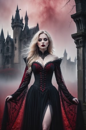 A hauntingly beautiful woman vampire standing in front of a weathered gothic Castle, shrouded in thick red -hued fog that morphs into an eerie aura. Her pale skin and blonde very, very long hair contrast against the dark Black lacie gothic dress,  with filigree and Zentangle patterns, punctuated by dripping oil textures. Her closed hands cradle her curvy figure, emphasizing her  muscular physique, The dramatic lighting creates stark catchlights and shadows, highlighting her haunting beauty amidst a desolate gothic Castle backdrop bathed in red hues.