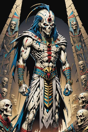 midshot, cel-shading style, centered image, ultra detailed illustration of the comic character ((male Spawn Egyptian mummy, by Todd McFarlane)), posing, wrapped in tattered bandages all over the body, ((Full Body)), inside pyramid, (tetradic colors), inkpunk, ink lines, strong outlines, art by MSchiffer, bold traces, unframed, high contrast, cel-shaded, vector, 4k resolution, best quality, (chromatic aberration:1.8)