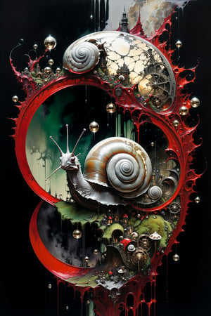 Ultra-wide-angle, photorealistic medieval gothic steam punk shot of an exciting fusion between Spawn and ((A snail on a mushroom)) in a new character that embodies elements of both, silver mechanical gears in the background, and (((large spiderwebs in the background))), people, see. Black and multi colored, ink Flow - 8k Resolution Photorealistic Masterpiece - by Aaron Horkey and Jeremy Mann - Intricately Detailed. fluid gouache painting: by Jean Baptiste Mongue: calligraphy: acrylic: colorful watercolor, cinematic lighting, maximalist photoillustration: by marton bobzert: 8k resolution concept art, intricately detailed realism, complex, elegant, expansive, fantastical and psychedelic, dripping paint , in the chasm of the empire estate, night, the moon, buildings, reflections, wings, and other elements need to stay in frame,(isolate object)