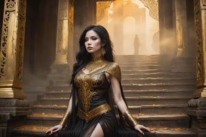 Hauntingly beautiful woman posed on weathered temple steps, shrouded in thick golden fog that morphs into eerie aura. Softly lit by warm orange-golden tones, her pale skin and black hair contrast against dark brown leather attire, complete with intricate filigree patterns. Dripping oil textures add a sense of decay to the scene. Her closed hands cradle her muscular figure, emphasizing its definition. The dramatic lighting casts stark catchlights and shadows, highlighting her haunting beauty amidst the desolate temple backdrop.