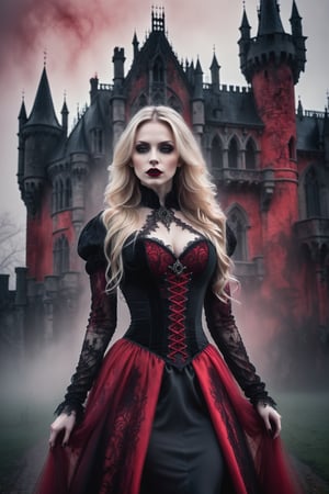 A hauntingly beautiful woman vampire standing in front of a weathered gothic Castle, shrouded in thick red -hued fog that morphs into an eerie aura. Her pale skin and blonde very, very long hair contrast against the dark Black lacie gothic dress,  with filigree and Zentangle patterns, punctuated by dripping oil textures. Her closed hands cradle her curvy figure, emphasizing her  muscular physique, The dramatic lighting creates stark catchlights and shadows, highlighting her haunting beauty amidst a desolate gothic Castle backdrop bathed in red hues.