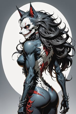midshot, cel-shading style, centered image, ultra detailed illustration of the comic character ((female Spawn Wolf lady, by Todd McFarlane)), posing, long black long hair, Gray rust, and black suit with a skull emblem, ((view from Behind she’s looking over her shoulder)),  ((she has a wolf snout)), ((Full Body)), ((view from behind)), ((perfect hands)), (tetradic colors), inkpunk, ink lines, strong outlines, art by MSchiffer, bold traces, unframed, high contrast, cel-shaded, vector, 4k resolution, best quality, (chromatic aberration:1.8)